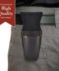 Three Pocket Pliers And Tool Holder Leather Pouch For Belt Full Grain Oiled Leather Rugged Multi Tool Carrier in dark brown worn on pants