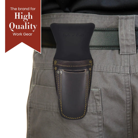Three Pocket Pliers And Tool Holder Leather Pouch For Belt Full Grain Oiled Leather Rugged Multi Tool Carrier in dark brown worn on pants
