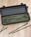 50 Pack Number 14 X 10 Hex Head Timber Screws Heavy Duty Exterior Deck Fasteners in a black storage case on wood surface.