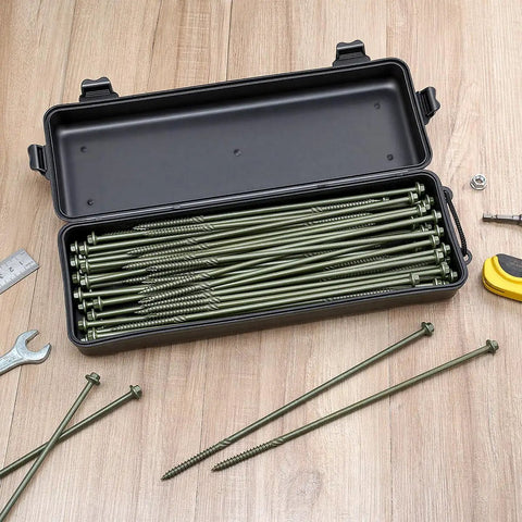50 Pack Number 14 X 10 Hex Head Timber Screws Heavy Duty Exterior Deck Fasteners in a black storage case on wood surface.