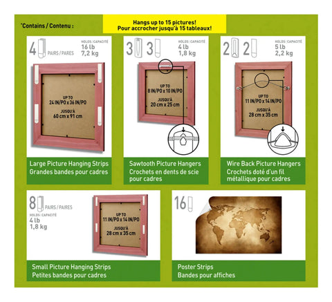 Damage Free Picture Hanging Kit With Strips And Hangers for 15 frames, showing contents including strips and hangers with measurements.