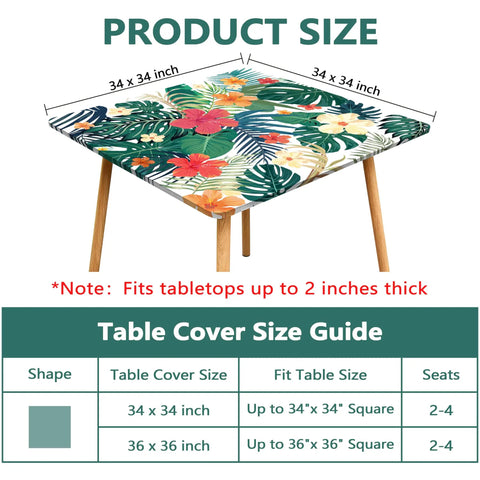 Elastic Edge Square Fitted Tablecloth With Tropical Palm Leaves Card Table Cover for 34x34 or 36x36 inch tables shown on diagram.