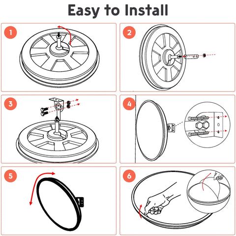 12 Inch Convex Safety Traffic Mirror installation guide showing six easy steps for mounting and setup.