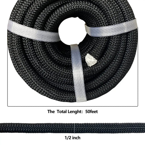 Rolled Half Inch Braided Polyester Arborist Rope 50 Feet Beefy Heavy Duty Low Stretch With High UV And Abrasion Resistance