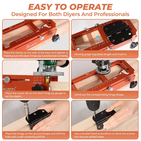 Metal Door Hinge Jig For Adjustable Router Template With 2.5 To 5 Inch Hinge Mortises, in use on wooden door for installation.