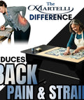 Electric Sewing Table With Rock Solid Height Adjustments And Smooth Tilt Remote Control Craft Desk For Makers Includes Heavy Duty Cutting Mat Plus Sharp Rotary Cutter Workstation Black Straight Up Pro Setup showing ergonomic design reducing back pain with a user crafting.