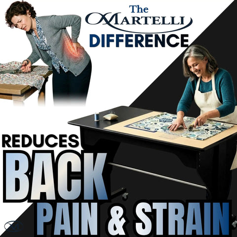 Electric Sewing Table With Rock Solid Height Adjustments And Smooth Tilt Remote Control Craft Desk For Makers Includes Heavy Duty Cutting Mat Plus Sharp Rotary Cutter Workstation Black Straight Up Pro Setup showing ergonomic design reducing back pain with a user crafting.