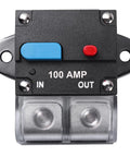 Heavy Duty 100 Amp Circuit Breaker With A No Hassle Manual Reset Lever Waterproof Housing And Rock Solid Terminals Rated For Rvs Boats Trolling Motors Truck Gear Solar Banks And Dc Battery Pack Installations, showing manual reset lever and terminals.