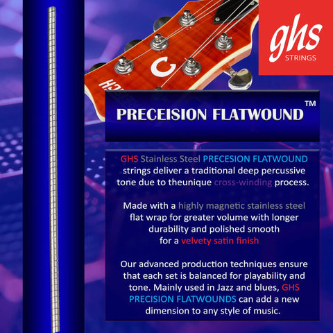 Flatwound Precision Electric Guitar Strings Stainless Steel High Volume Polished Smooth Finish Light Gauge 012 016 024 030 040 050 Set For Electric Guitars Long Scale on GHS packaging