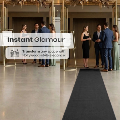 Black Carpet Floor Runner 2.6x30 Feet With Pre Attached Double Sided Tape for weddings and events at an indoor venue.