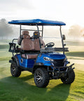 Rugged Off Road 4 Seater Electric Golf Cart With 5 Kw Motor And Hella Smooth Ride For Park Tours And Hotel Shuttles Featuring Fast Charging And Tons Of Trunk Room In Fresh Blue on golf course.