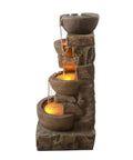 Outdoor Water Fountain With Led Lights, Cascading Bowls And Stacked Stone Look, Freestanding Floor Fountain for patio decor
