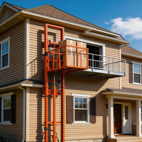 Must-Have Heavy Duty Freight Lift With 2200 Lbs Capacity Electric Cargo Elevator moving a package to a second floor.