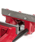 Close-up of the Low Profile 6 Inch Bench Vise with Rapid Opening Rugged Steel Jaws, showing replaceable serrated jaws.
