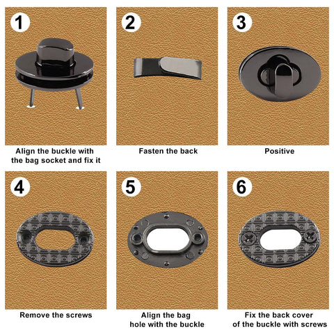 Jersvimc 5-piece bronze oval twist-lock purse clasps set for handbags, 0.9 × 0.7 in, installation steps