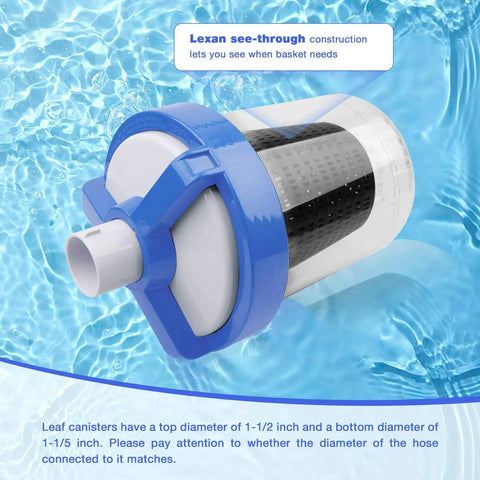 Inline Pool Leaf Canister Debris Catcher For Hayward W560 with Lexan see-through construction in blue and clear material.