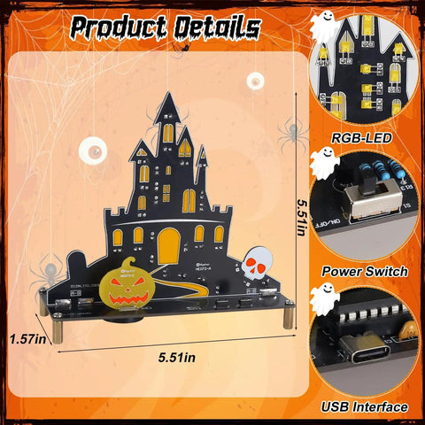 Halloween Music Castle Soldering Kit For Teens And Adults With Dual Lighting Modes And Spooky Sound, DIY Ghost Castle Project dimensions
