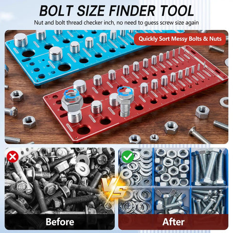 Nut And Bolt Size Finder And Thread Checker Kit With 62 Thread Sizes, 25 Metric And 25 SAE Gauges on metal surface