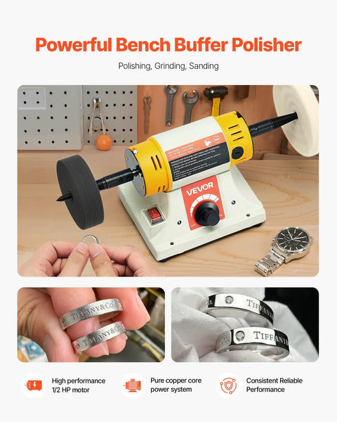 Heavy Hitter 1/2HP Bench Buffer Polisher Machine with Variable Speed Benchtop Grinder for polishing metal and wood surfaces.