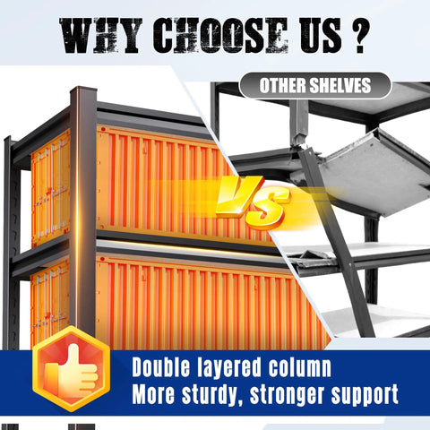Comparison of Heavy Duty 5 Tier Adjustable Garage Shelving Unit with other shelves, highlighting double layered columns