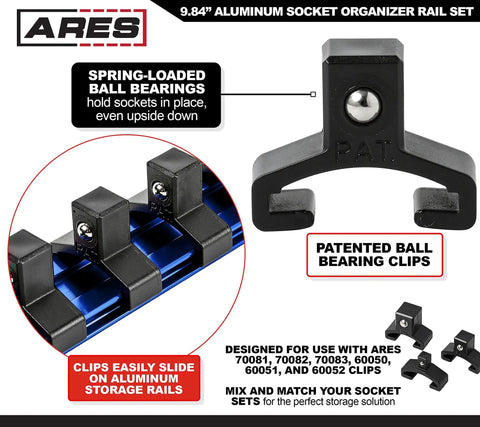 3/8-Inch Drive Aluminum Socket Rail Set With Locking End Caps Holds 10 Sockets Per Rail Includes Red Blue And Black Rails Lightweight Grab-And-Go Socket Organizer For SAE And Metric Sizes 9.84 Inch Length