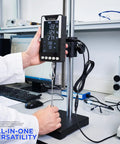 Six Way Testing Kit Digital 1000N Force Gauge With USB C Data Output N Kg Lb Units Push Pull Gauge For Tension And Compression Testing Battery Powered Includes Four Compression Platters Tension Hook And Extension Shaft on lab stand