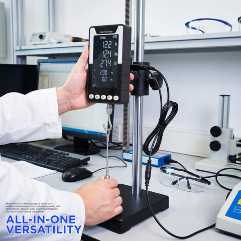 Six Way Testing Kit Digital 1000N Force Gauge With USB C Data Output N Kg Lb Units Push Pull Gauge For Tension And Compression Testing Battery Powered Includes Four Compression Platters Tension Hook And Extension Shaft on lab stand