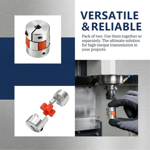 Beefy Dual Pack 5Mm To 8Mm Flexible Shaft Coupling Aluminum Plum Spider Jaw Coupler, shown in close-up and installation view.