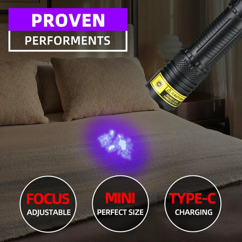 Mini 395nm UV Flashlight With USB C Rechargeable Black Light Beast Mode highlighting stains on fabric with focus adjustable.