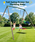 9.5 Foot Tall Swing Set For Backyard Setup With Platform Swing And Trapeze Bar Heavy Duty Metal Frame Green And Brown Outdoor Playground