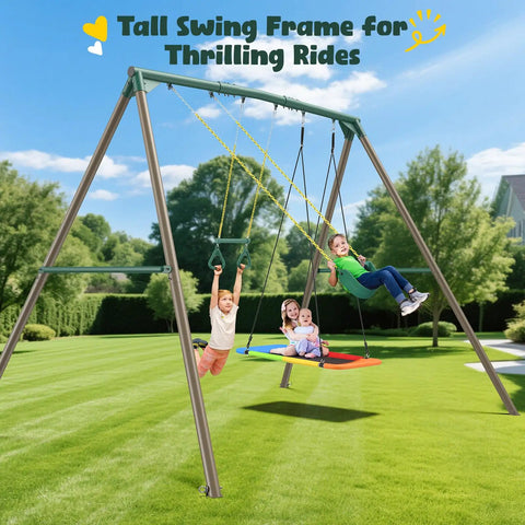 9.5 Foot Tall Swing Set For Backyard Setup With Platform Swing And Trapeze Bar Heavy Duty Metal Frame Green And Brown Outdoor Playground
