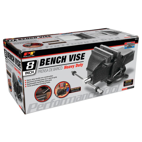 Hammer Tough 8 Inch Bench Vise With Powder Coated Finish, 360 Degree Swivel Base, 7 Inch Jaw Opening, box packaging
