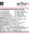 Insulated Electrician Tool Set 80 Piece Pro Grade Kit product list with screwdrivers, pliers, sockets, and nut drivers in text format.