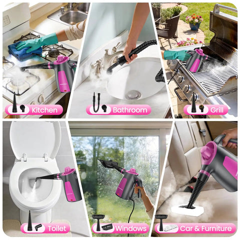 Heavy Duty Pressurized Handheld Steam Cleaner With 12 Piece Attachment Kit cleaning kitchen, bathroom, grill, toilet, windows, and upholstery.