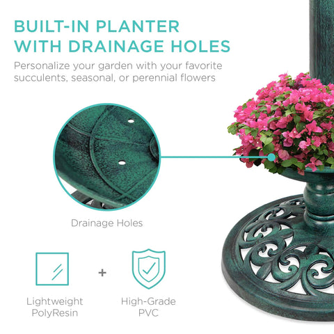 Outdoor Solar Lighted Pedestal Bird Bath Fountain With Planter And Integrated Panel, green, showing pink flowers in planter