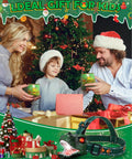 Family exchanging gifts near tree and Totally Rad LED Dinosaur Headlamp For Kids With Roar Sound And 3 Lighting Modes T Rex Shape.