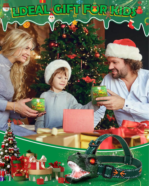 Family exchanging gifts near tree and Totally Rad LED Dinosaur Headlamp For Kids With Roar Sound And 3 Lighting Modes T Rex Shape.