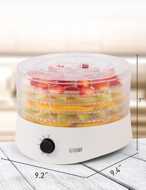Premium Electric Food Dehydrator Packing Five BPA Free Trays For Backyard Jerky Dried Fruits And Fresh Herbs on countertop.