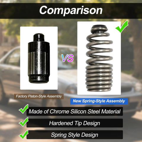 Lost Motion Assembly Replacement For B Series 4 Cylinder Engines Compatible With B16A B17A B18C B16A2 B16A3 B17A1 B18C1 B18C5 Type R GSR Pack Of 8 No Mod Needed Direct Fit To Original Factory Specs For Easy Installation And Extended Travel. comparison of factory piston-style and spring-style assemblies, chrome silicon steel, hardened tip