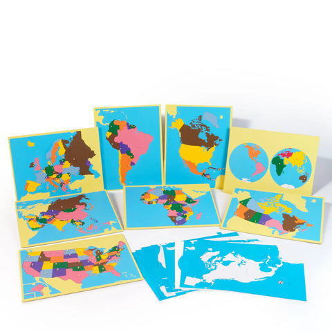 Montessori Wooden World Map Puzzle Set 23 Inch, 8 Geography Puzzles World USA Canada Europe Asia Africa North And South America With Control Cards