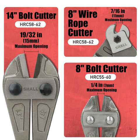Beefy 3 Piece Bolt Cutter Set With 14 Inch Heavy Duty Bolt Cutter 8 Inch Mini Cutter And 8 Inch Wire Rope Cutter Ergonomic Handles