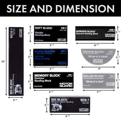 Image showing dimensions of Eight Piece Sanding Block Set Kit With Pro Grade SB-1 HT-1 MB-1 WB-1 RK-1 RL-1 BG6-1 And BG12-1 Assortment