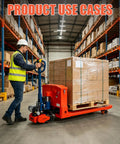 Ultra Heavy Duty Electric Pallet Jack Truck With Massive 17600 Lb Capacity moving packaged pallets in warehouse aisle.
