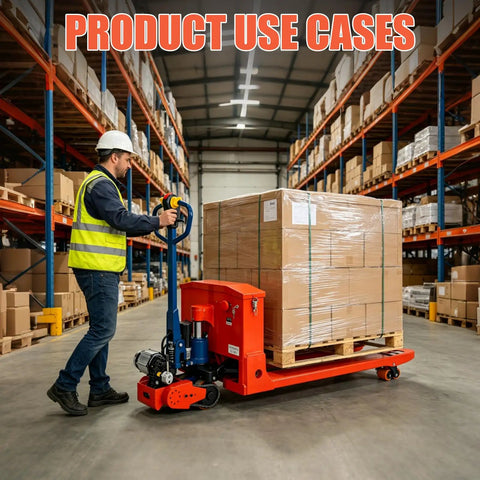 Ultra Heavy Duty Electric Pallet Jack Truck With Massive 17600 Lb Capacity moving packaged pallets in warehouse aisle.