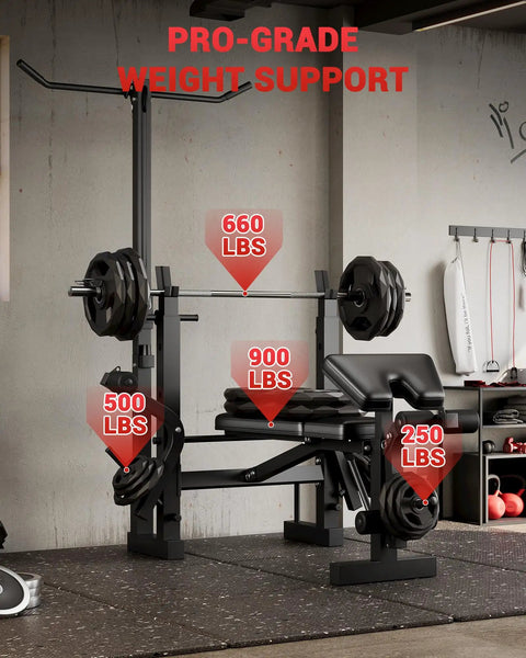 8 In 1 Weight Bench Set For Home Gym Foldable Bench With Preacher Curl Pad Lat Pulldown shown in gym setup