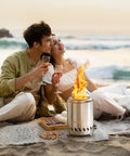 Couple on beach using Tabletop Fire Pit Mini Portable Outdoor Smokeless Firepit Stainless Steel 5.5 Inch Tabletop Fire Pit