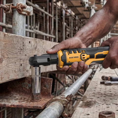 Cordless Three Eighth Inch Ratchet Wrench Packing Eighty Eight Foot Pounds Of Real Deal Power Running Smooth At Five Hundred Rpm Compatible With Dewalt Twenty Volt Batteries For Auto Shop Grind Or Weekend Mechanic Jobs Tool Only No Battery Included in use tightening a bolt on a metal frame.