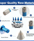 Dry Diamond Core Drill Bit Set with blue round-shank bits in a metal carrying case for tile and stone.