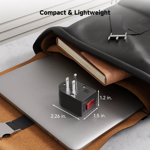 3 Pack Grounded Outlet Switch With On Off Single Outlet Adapter For Wall Outlet next to laptop and bag showcasing size