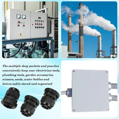 100 Pack 1/2 NPT Black Nylon Cable Glands IP68 Waterproof with control panels and industrial use, heavy duty fittings shown.